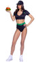 What's Shakin' costume includes uniform style crop top featuring burger patch, short sleeves, collar and deep V neckline. Matching high waisted shorts, contrasting belt and matching hat also included. Four piece set.