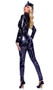 Feisty Feline Catwoman costume includes vinyl long sleeve jumpsuit with printed stitching detail, mock neck and lace up front closure. Matching cat ears headpiece also included. Two piece set.