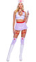 On Call Nurse costume includes sleeveless crop top with plunging neckline and contrast collar and matching sheer pull on mini skirt. Low rise panty with cross patch and attached leg garters also included. Matching retro style nurse head piece with cross in heart patch also included. Four piece set.