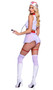 On Call Nurse costume includes sleeveless crop top with plunging neckline and contrast collar and matching sheer pull on mini skirt. Low rise panty with cross patch and attached leg garters also included. Matching retro style nurse head piece with cross in heart patch also included. Four piece set.