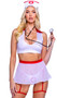 On Call Nurse costume includes sleeveless crop top with plunging neckline and contrast collar and matching sheer pull on mini skirt. Low rise panty with cross patch and attached leg garters also included. Matching retro style nurse head piece with cross in heart patch also included. Four piece set.