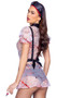 Dark Nurse costume includes sheer mini dress with blood spatter print, short ruffled puff sleeves, and wet look look collar and lapels. Wet look apron features cross patch, O ring accents and back tie closure. Matching retro style nurse head piece also included. Three piece set.