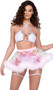 Sequin fishnet crop top features open front with criss cross straps, iridescent trim, o ring accents, halter neck and swan hook closure.