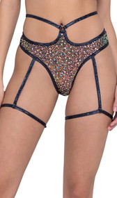 Sequin fishnet high waisted shorts feature hip strap accent, o ring detail, shimmer trim, attached leg garters and thong back.