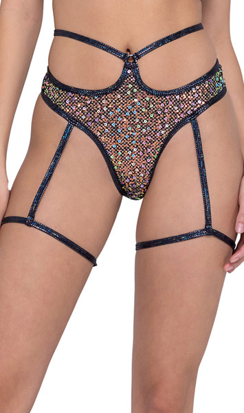 Sequin fishnet high waisted shorts feature hip strap accent, o ring detail, shimmer trim, attached leg garters and thong back.