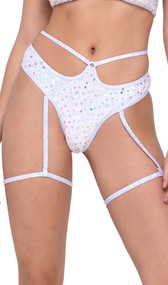 Sequin fishnet high waisted shorts feature hip strap accent, o ring detail, shimmer trim, attached leg garters and thong back.