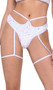 Sequin fishnet high waisted shorts feature hip strap accent, o ring detail, shimmer trim, attached leg garters and thong back.