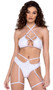 Sequin fishnet high waisted shorts feature hip strap accent, o ring detail, shimmer trim, attached leg garters and thong back.
