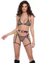Vinyl iridescent belt features draped vinyl fringe, O ring accents, and adjustable buckle closure.