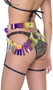 Vinyl iridescent belt features draped vinyl fringe, O ring accents, and adjustable buckle closure.