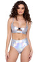 Hologram crop top features front buckle keyhole closure, adjustable shoulder straps and iridescent fabric.