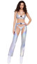 Hologram crop top features front buckle keyhole closure, adjustable shoulder straps and iridescent fabric.