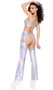 Hologram crop top features front buckle keyhole closure, adjustable shoulder straps and iridescent fabric.