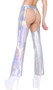 Hologram chaps feature iridescent fabric, belt and buckle closure.