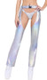 Hologram chaps feature iridescent fabric, belt and buckle closure.