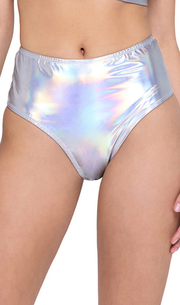 Hologram high waisted shorts feature iridescent fabric and elastic waistband.