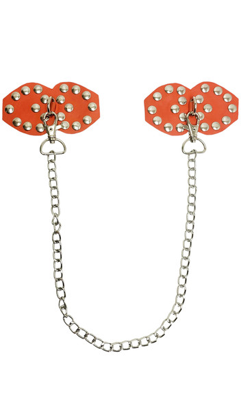 Studded leather studded pasties with D ring and detachable chain. Back of pasties is also studded. Adhesive not included.