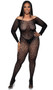 Leopard net bodystocking features round scoop neckline, long sleeves and open crotch.