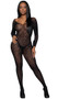 Leopard net bodystocking features round scoop neckline, long sleeves and open crotch.