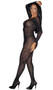 Leopard net bodystocking features round scoop neckline, long sleeves and open crotch.