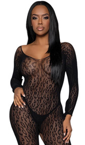 Leopard net bodystocking features round scoop neckline, long sleeves and open crotch.