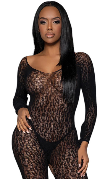 Leopard net bodystocking features round scoop neckline, long sleeves and open crotch.