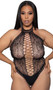 Sleeveless bow lace teddy bodysuit features an open front and back with faux lace up design, high collar neckline, cut out trim detailing, and thong cut back.