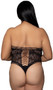 Sleeveless bow lace teddy bodysuit features an open front and back with faux lace up design, high collar neckline, cut out trim detailing, and thong cut back.