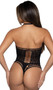 Sleeveless bow lace teddy bodysuit features an open front and back with faux lace up design, high collar neckline, cut out trim detailing, and thong cut back.