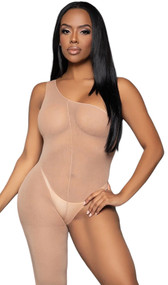 Sleeveless asymmetrical bodystocking features one shoulder with wide strap and one footless leg. Reversible, can be worn with strap on either side. Closed crotch.