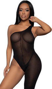 Sleeveless asymmetrical bodystocking features one shoulder with wide strap and one footless leg. Reversible, can be worn with strap on either side. Closed crotch.