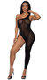 Sleeveless asymmetrical bodystocking features one shoulder with wide strap and one footless leg. Reversible, can be worn with strap on either side. Closed crotch.