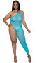 Sleeveless asymmetrical bodystocking features one shoulder with wide strap and one footless leg. Reversible, can be worn with strap on either side. Closed crotch.