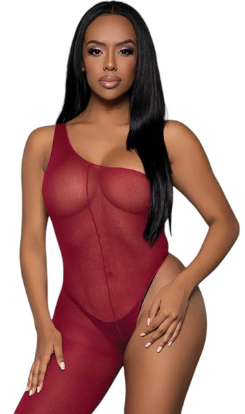 Sleeveless asymmetrical bodystocking features one shoulder with wide strap and one footless leg. Reversible, can be worn with strap on either side. Closed crotch.