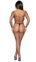 Wide fishnet bodystocking features a wide V neckline with deep V back, long sleeves, open crotch and open bottom.
