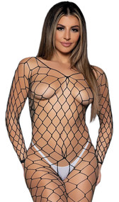 Wide fishnet bodystocking features a wide V neckline with deep V back, long sleeves, open crotch and open bottom.