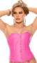 Leather strapless corset top with front zipper closure, boning, detachable adjustable garters, and lace up back.