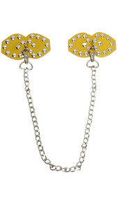 Studded leather studded pasties with D ring and detachable chain. Back of pasties is also studded. Adhesive not included.