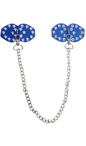 Studded leather studded pasties with D ring and detachable chain. Back of pasties is also studded. Adhesive not included.
