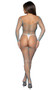 Wide fishnet bodystocking features a wide V neckline with deep V back, long sleeves, open crotch and open bottom.