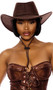 Faux suede cowboy costume hat features a rope band detail, gold vents on each side, and attached adjustable rope chin strap.