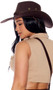 Faux suede cowboy costume hat features a rope band detail, gold vents on each side, and attached adjustable rope chin strap.
