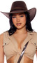 Faux suede cowboy costume hat features a rope band detail, gold vents on each side, and attached adjustable rope chin strap.