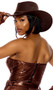 Faux suede cowboy costume hat features a rope band detail, gold vents on each side, and attached adjustable rope chin strap.