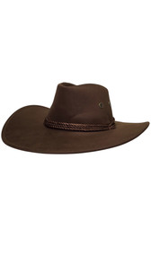 Faux suede cowboy costume hat features a rope band detail, gold vents on each side, and attached adjustable rope chin strap.