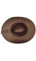 Faux suede cowboy costume hat features a rope band detail, gold vents on each side, and attached adjustable rope chin strap.
