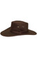 Faux suede cowboy costume hat features a rope band detail, gold vents on each side, and attached adjustable rope chin strap.