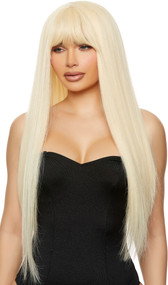 Long blonde straight wig with bangs and center part. Unisex synthetic wig.