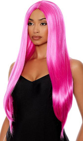 Long hot pink straight wig with center part. Unisex synthetic wig.