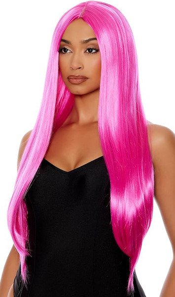 Long hot pink straight wig with center part. Unisex synthetic wig.